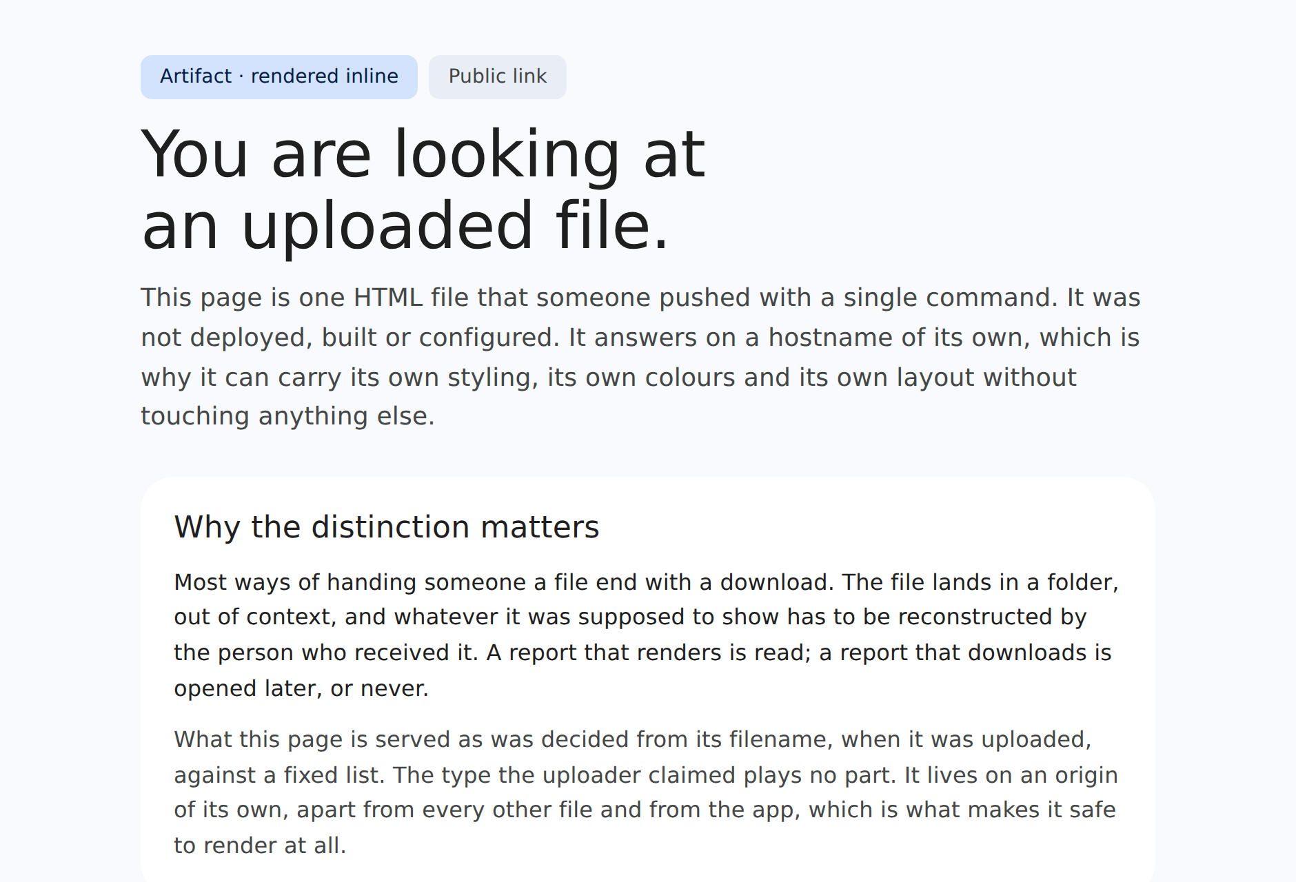 A rendered report page, served at its own hostname, explaining what the reader is looking at.